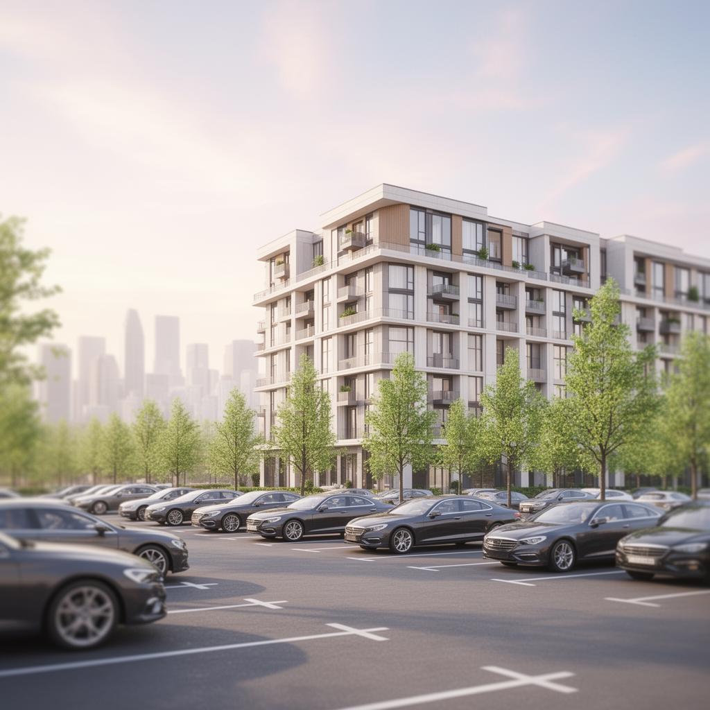Modern apartment building with parking lot